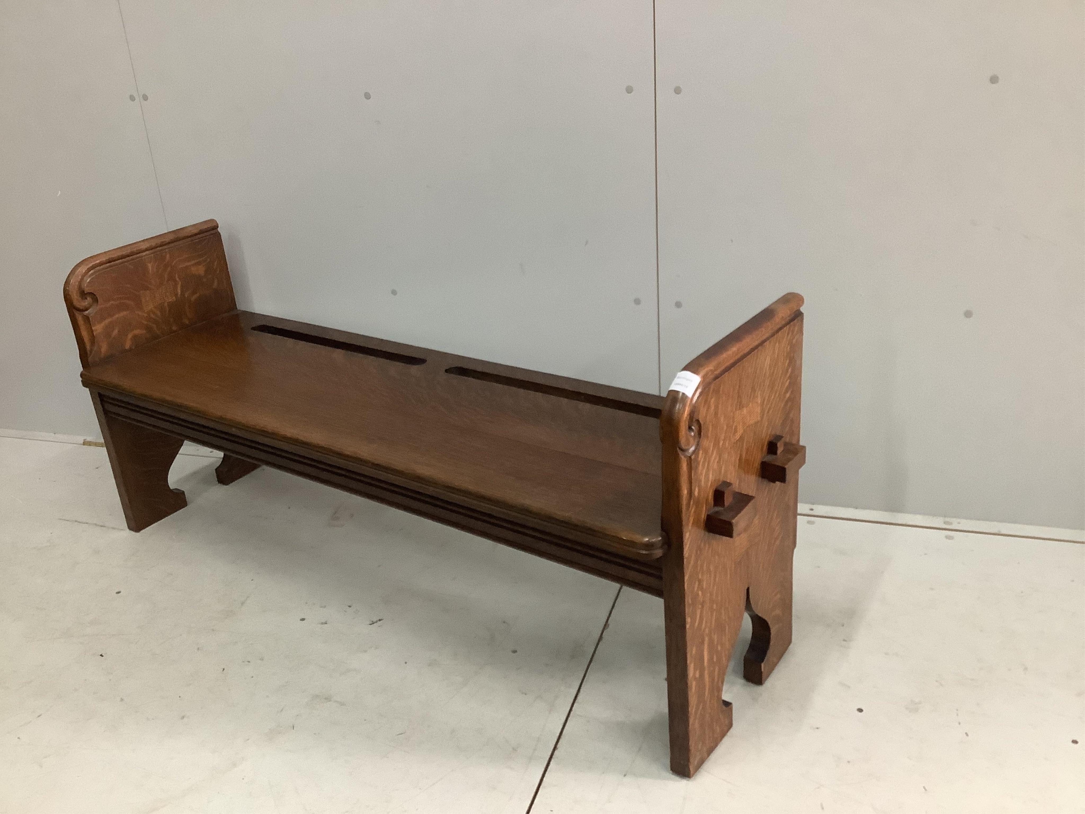 An early 20th century oak bench seat, width 150cm, depth 45cm, height 62cm. Condition - good